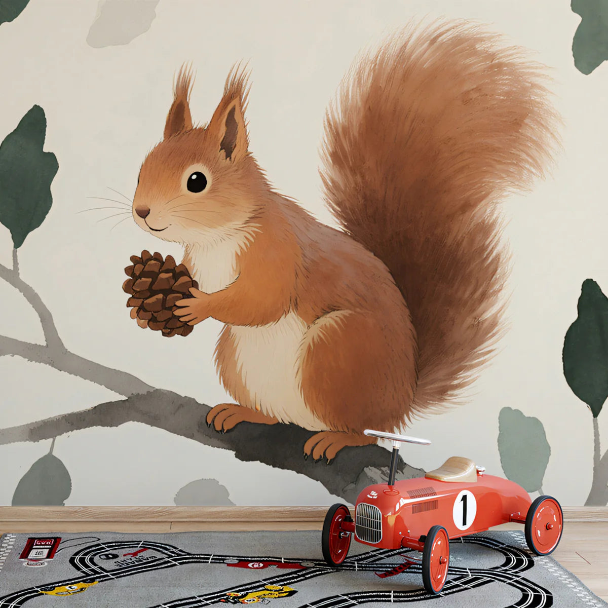 Woodland Squirrel Mural Wallpaper — Whimsical Watercolor Art Mural Wallpaper - room preview 02