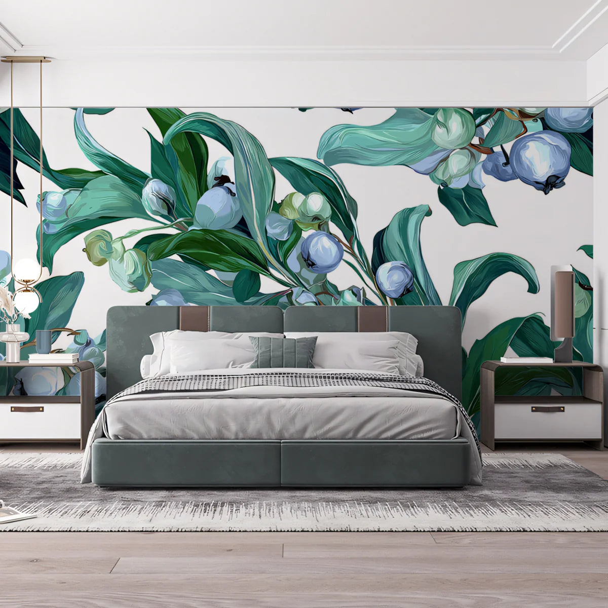 Aqua Bloom & Leaf Mural Wallpaper Vibrant Botanical Art Mural Wallpaper - room preview 02