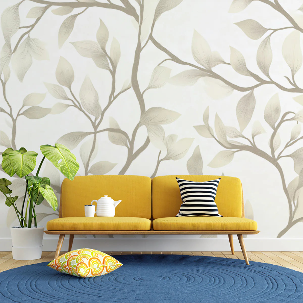 Minimalist Botanical Branch Mural Wallpaper — Cream and Taupe Mural Wallpaper - room preview 02
