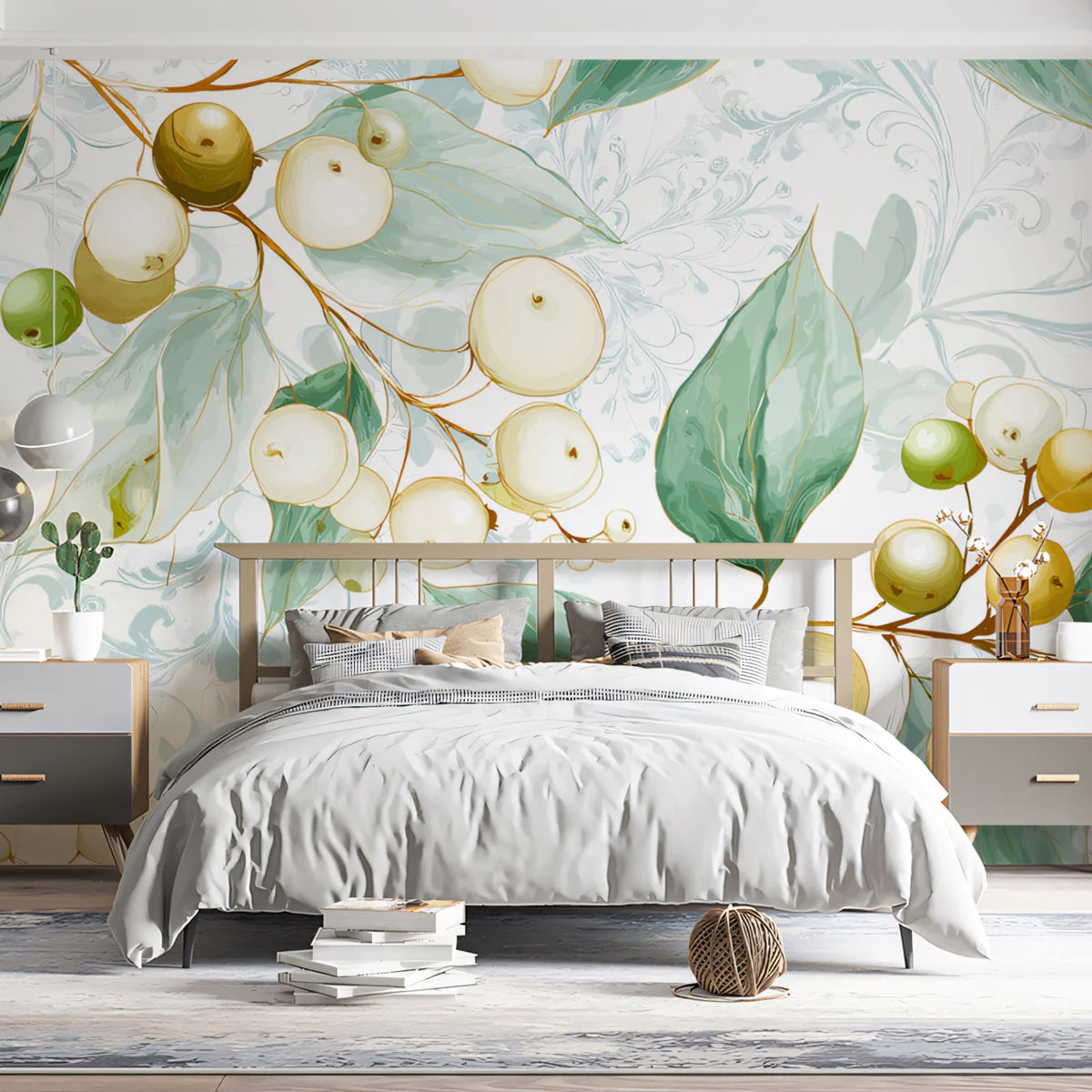 Luminous Berry & Leaf Mural Wallpaper Watercolor Botanical Art Mural Wallpaper - room preview 02