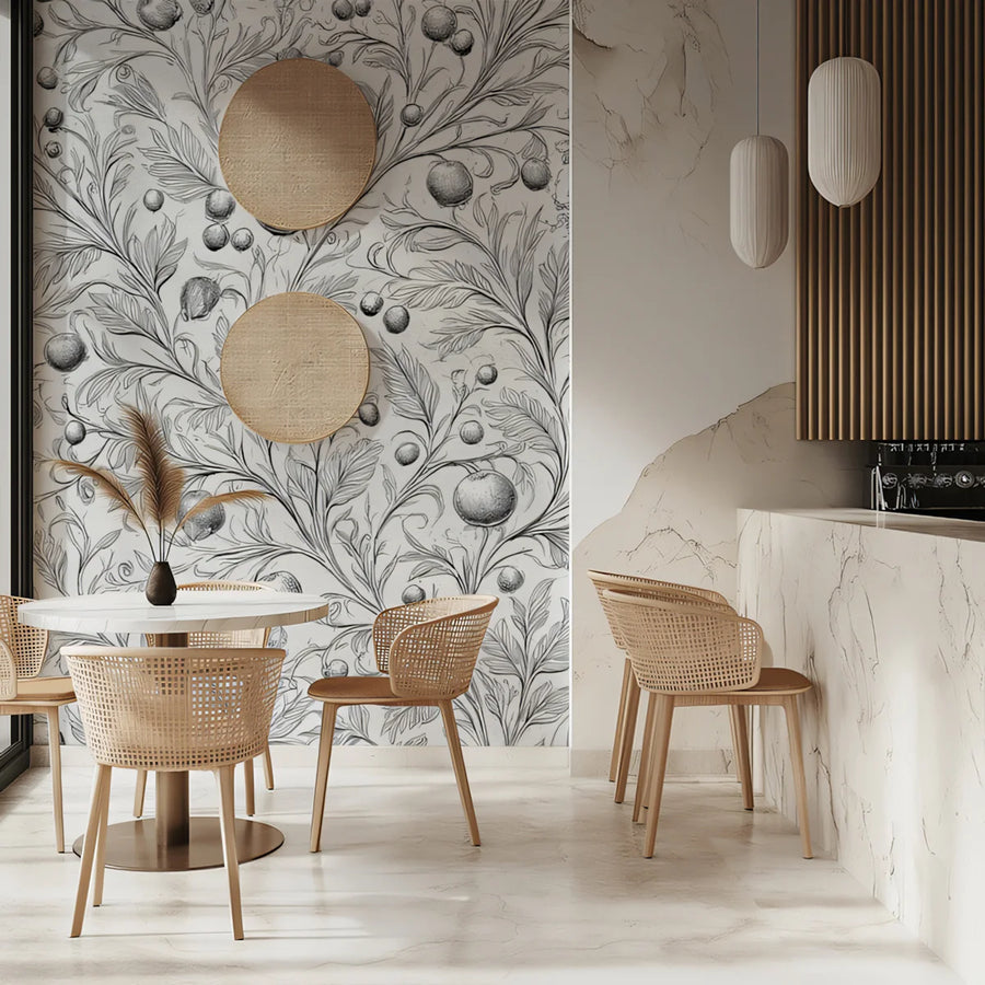 Nature Wallpaper Mural – Natural Wall Mural – Orchard Sketch — Hand-Drawn Botanical