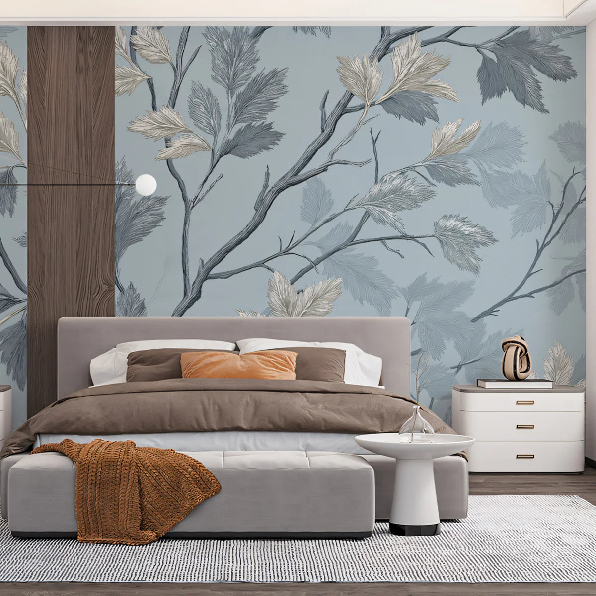 Whispering Branches Mural Wallpaper — Soft Blue Botanical Art Mural Wallpaper - room preview 02
