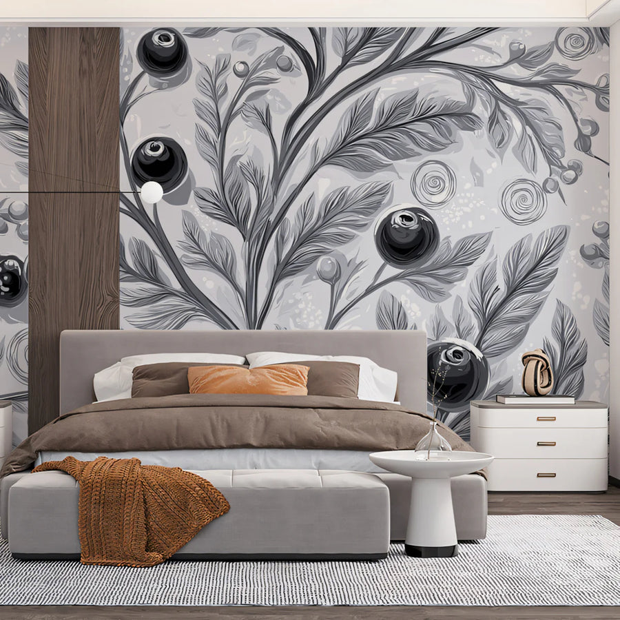 Nature Wallpaper Mural – Natural Wall Mural – Monochrome Berry Branch — Artistic Botanical
