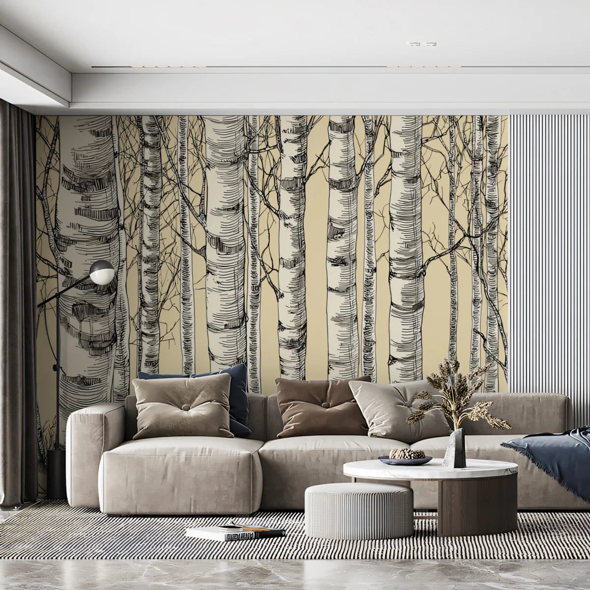 Vintage Birch Forest Mural Wallpaper — Sketch Style Woodland Mural Wallpaper - room preview 02