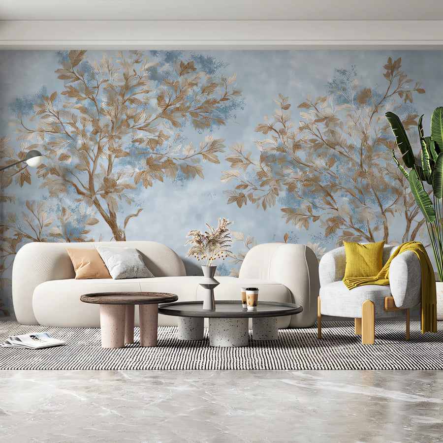 Forest Wallpaper Mural – Woodland Wall Mural – Autumn Canopy — Hazy Blue and Bronze Tree Design