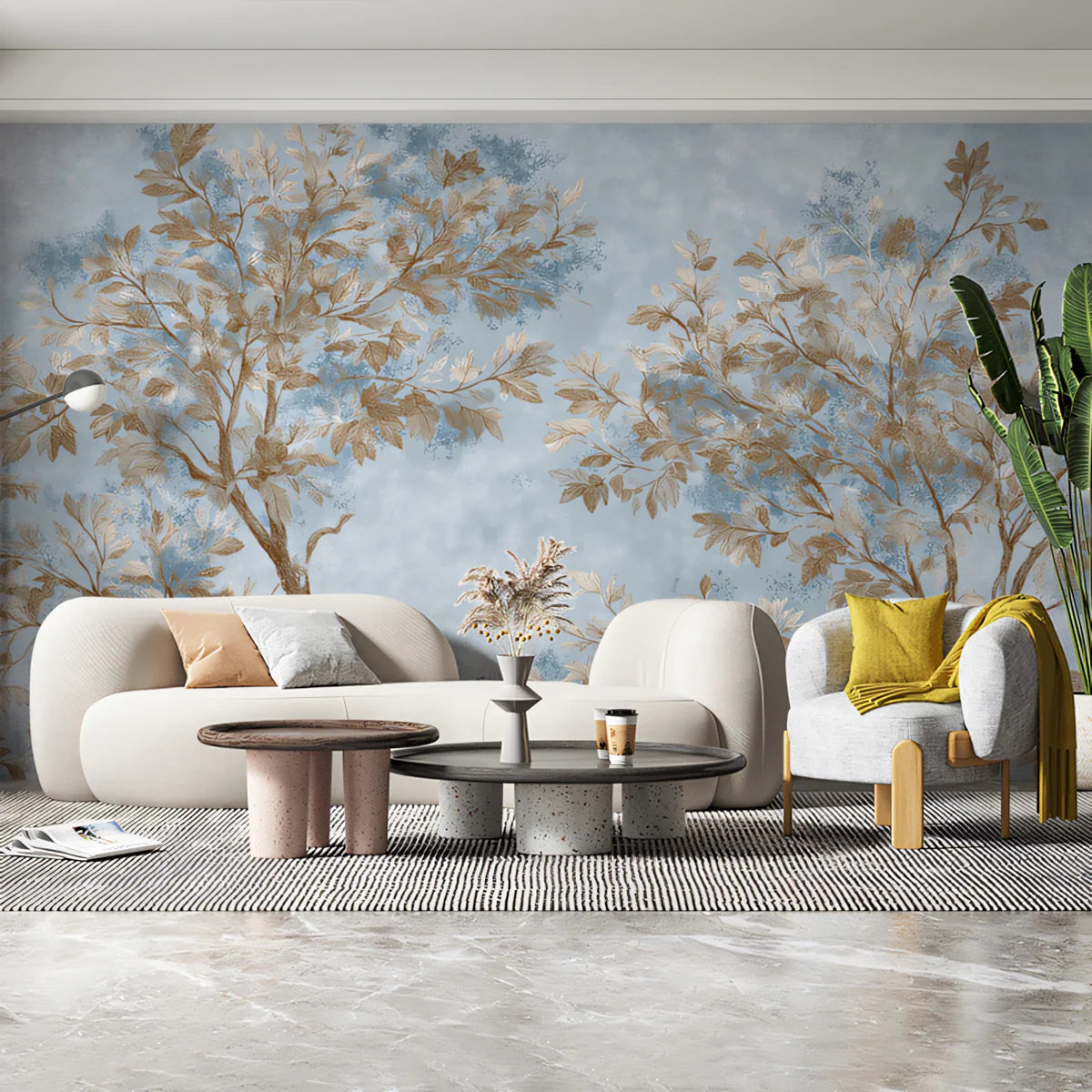 Autumn Canopy Mural Wallpaper — Hazy Blue and Bronze Tree Design Mural Wallpaper - room preview 02