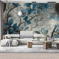 Blue Forest Etching Mural Wallpaper — Moody Botanical Art Mural Wallpaper - room preview 02