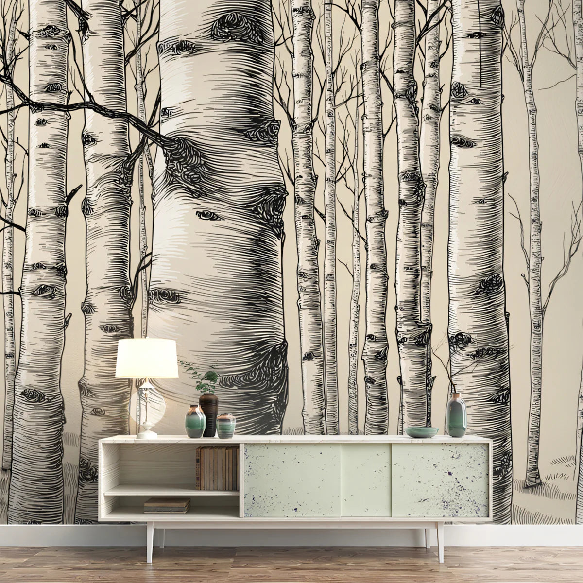 Birch Forest Sketch Mural Wallpaper — Hand-Drawn Woodgrain Design Mural Wallpaper - room preview 02