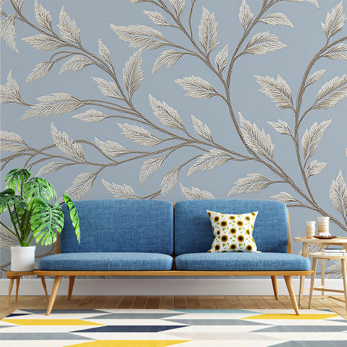 Twining Vine Mural Wallpaper — Calm Blue and Taupe Botanical Mural Wallpaper - room preview 02