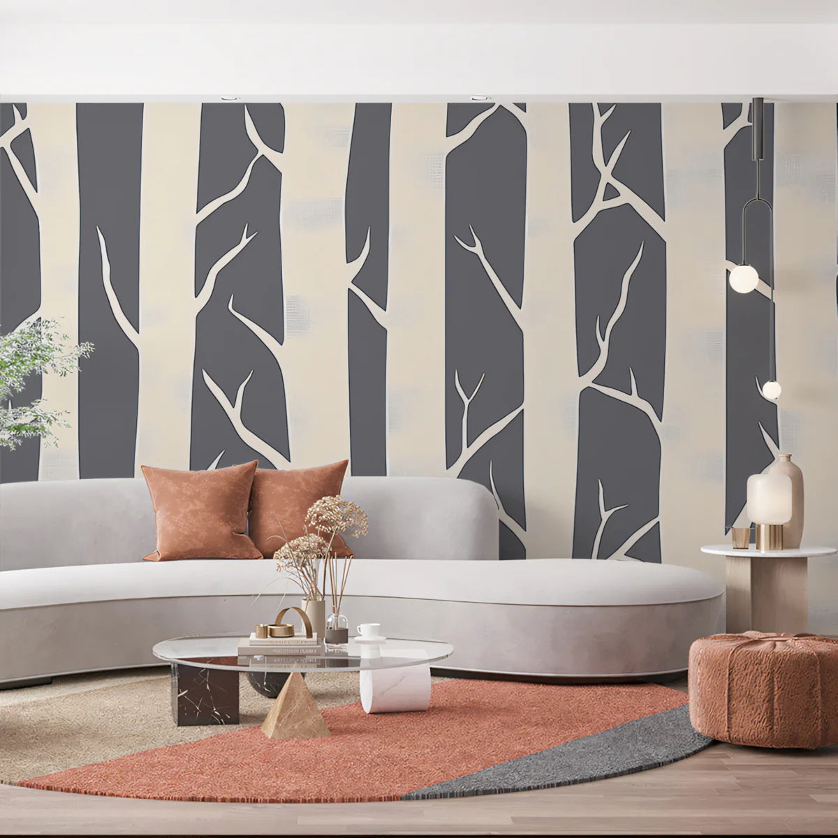 Graphic Birch Forest Mural Wallpaper — Modern Nature Wall Decor Mural Wallpaper - room preview 02