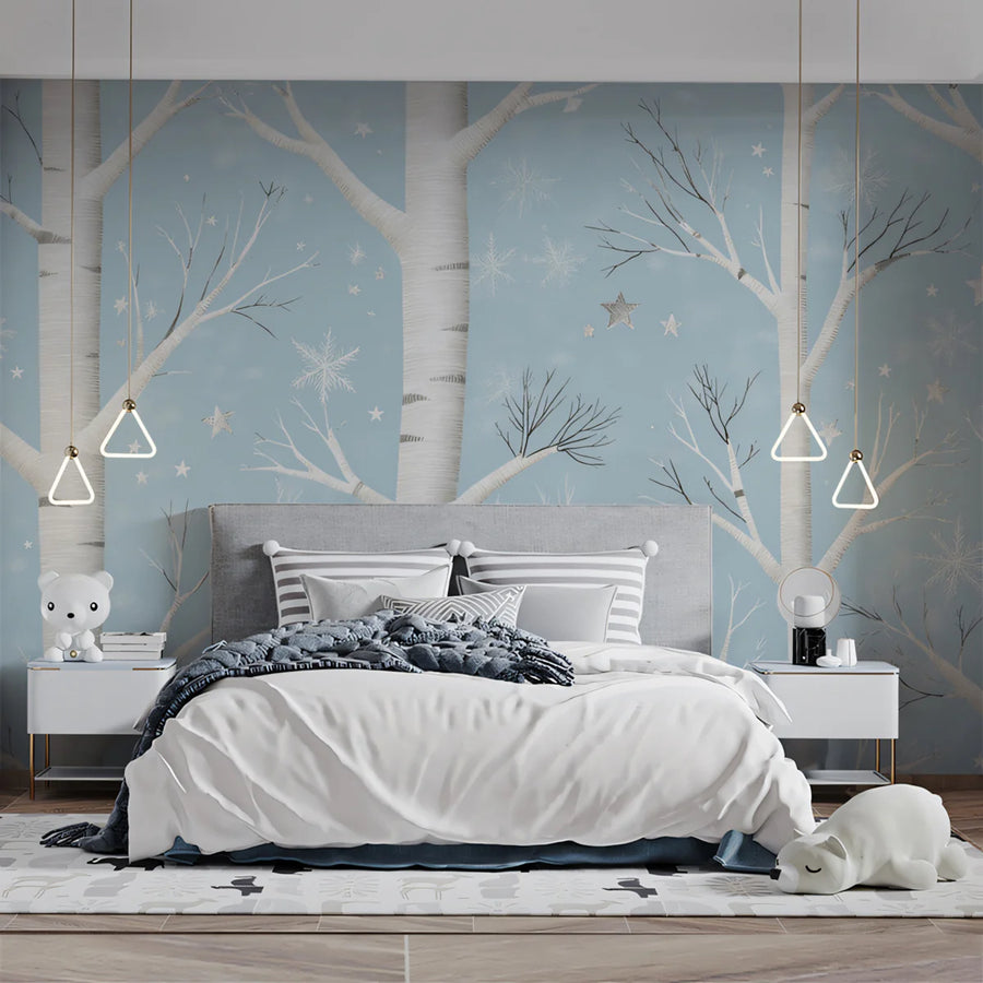 Forest Wallpaper Mural – Woodland Wall Mural – Winter Birch Forest — Whimsical Sky Blue
