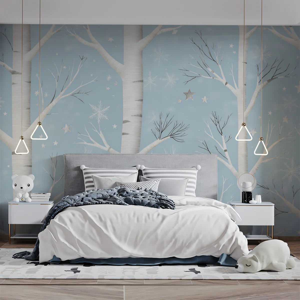 Winter Birch Forest Mural Wallpaper — Whimsical Sky Blue Mural Wallpaper - room preview 02