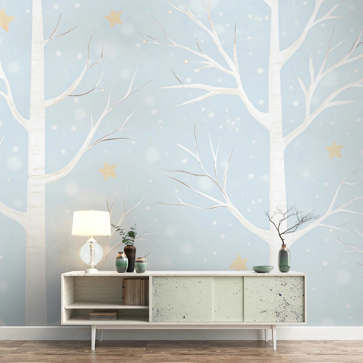Starry Winter Forest Mural Wallpaper — Whimsical Sky Blue Mural Wallpaper - room preview 02