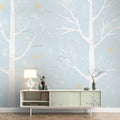Starry Winter Forest Mural Wallpaper — Whimsical Sky Blue Mural Wallpaper - room preview 02