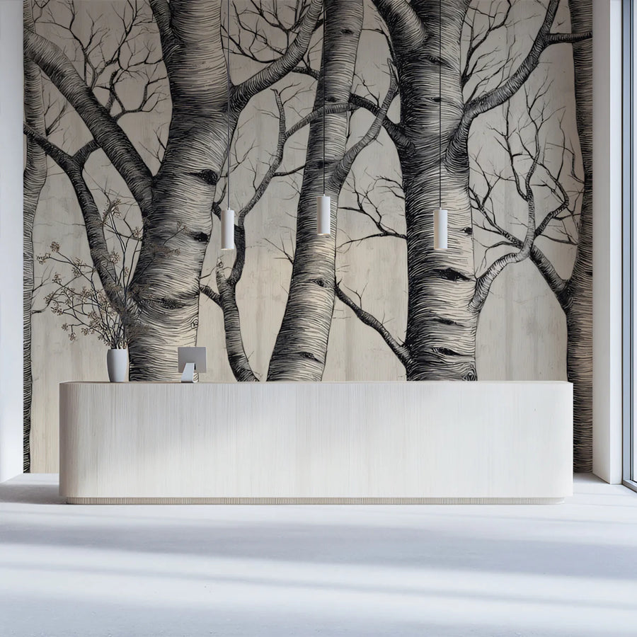 Papier peint mural Forêt de bouleaux minimaliste — Papier peint mural artistique esquissé détaillé