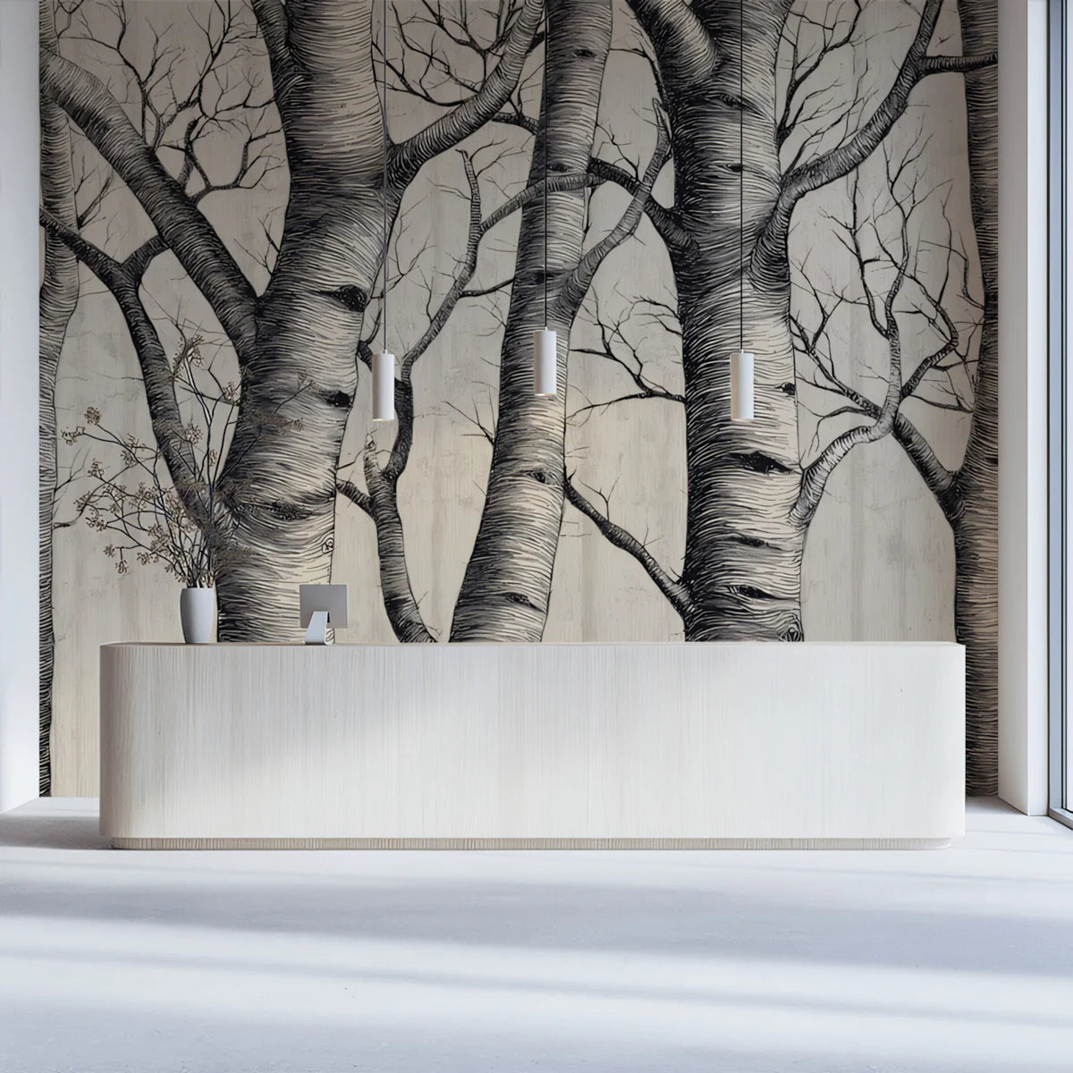 Minimalist Birch Forest Mural Wallpaper — Detailed Sketch Art Mural Wallpaper - room preview 02