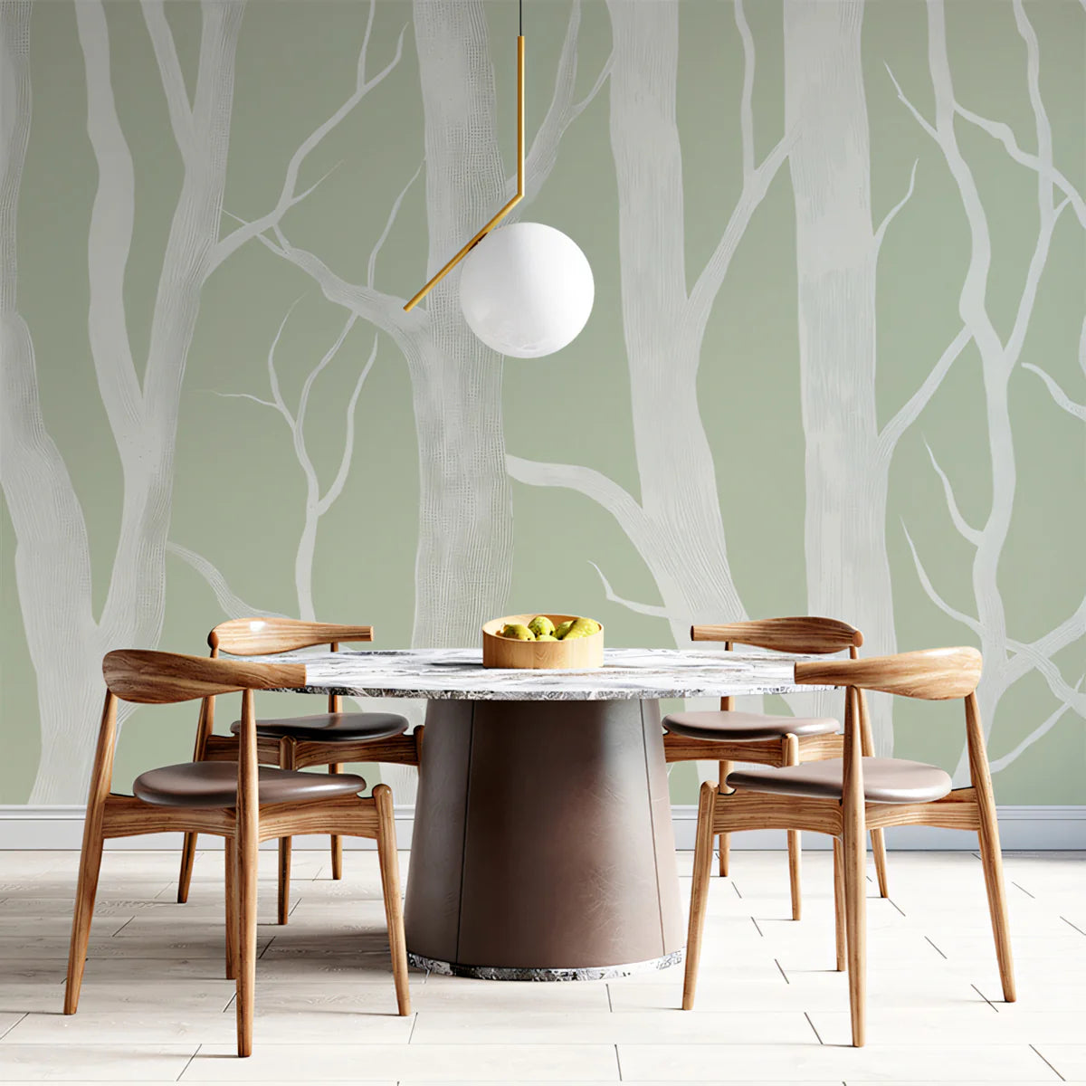 Sage Birch Tree Mural Wallpaper — Minimalist Woodland Design Mural Wallpaper - room preview 02