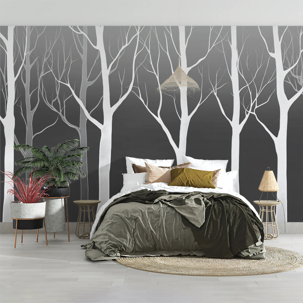 Minimalist Birch Forest Mural Wallpaper — High Contrast Graphic Mural Wallpaper - room preview 02