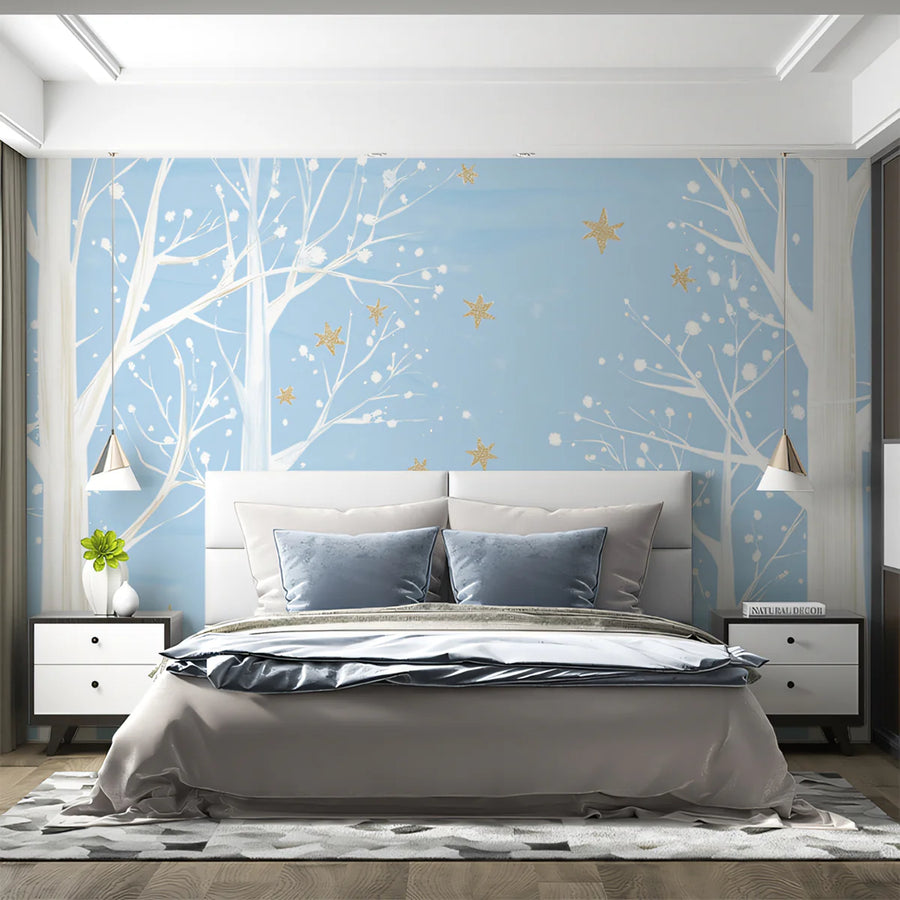 Forest Wallpaper Mural – Woodland Wall Mural – Winter Birch Forest in Pale Blue and Gold
