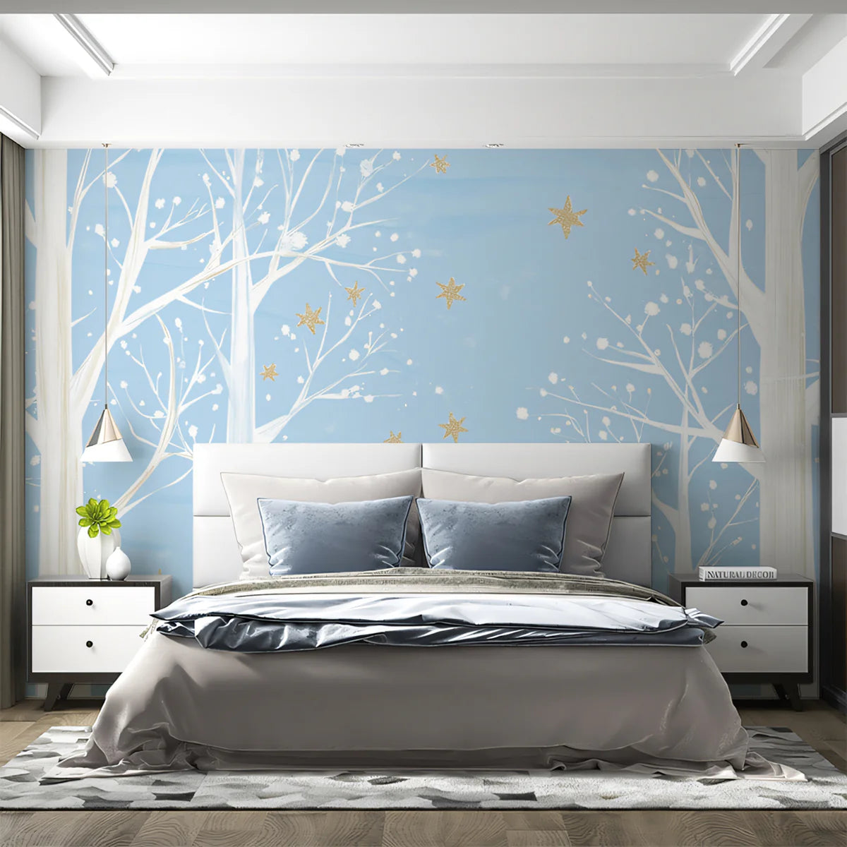 Winter Birch Forest Mural Wallpaper in Pale Blue and Gold Mural Wallpaper - room preview 02
