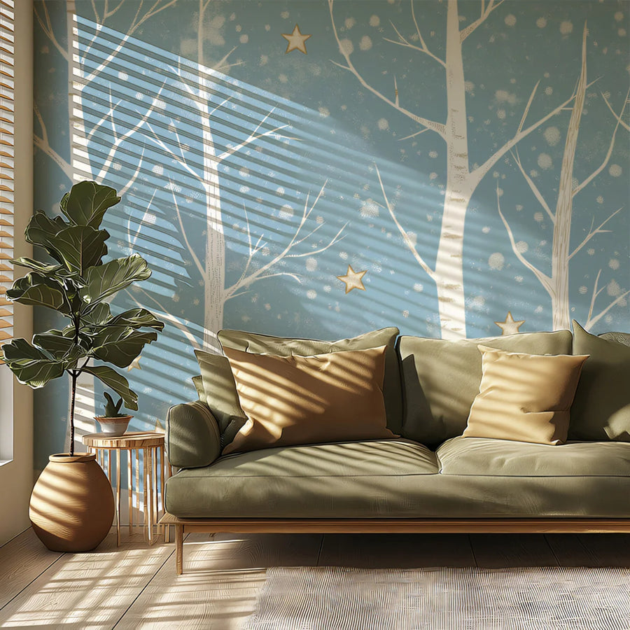 Forest Wallpaper Mural – Woodland Wall Mural – Winter Birch Forest — Soft Snowfall Design