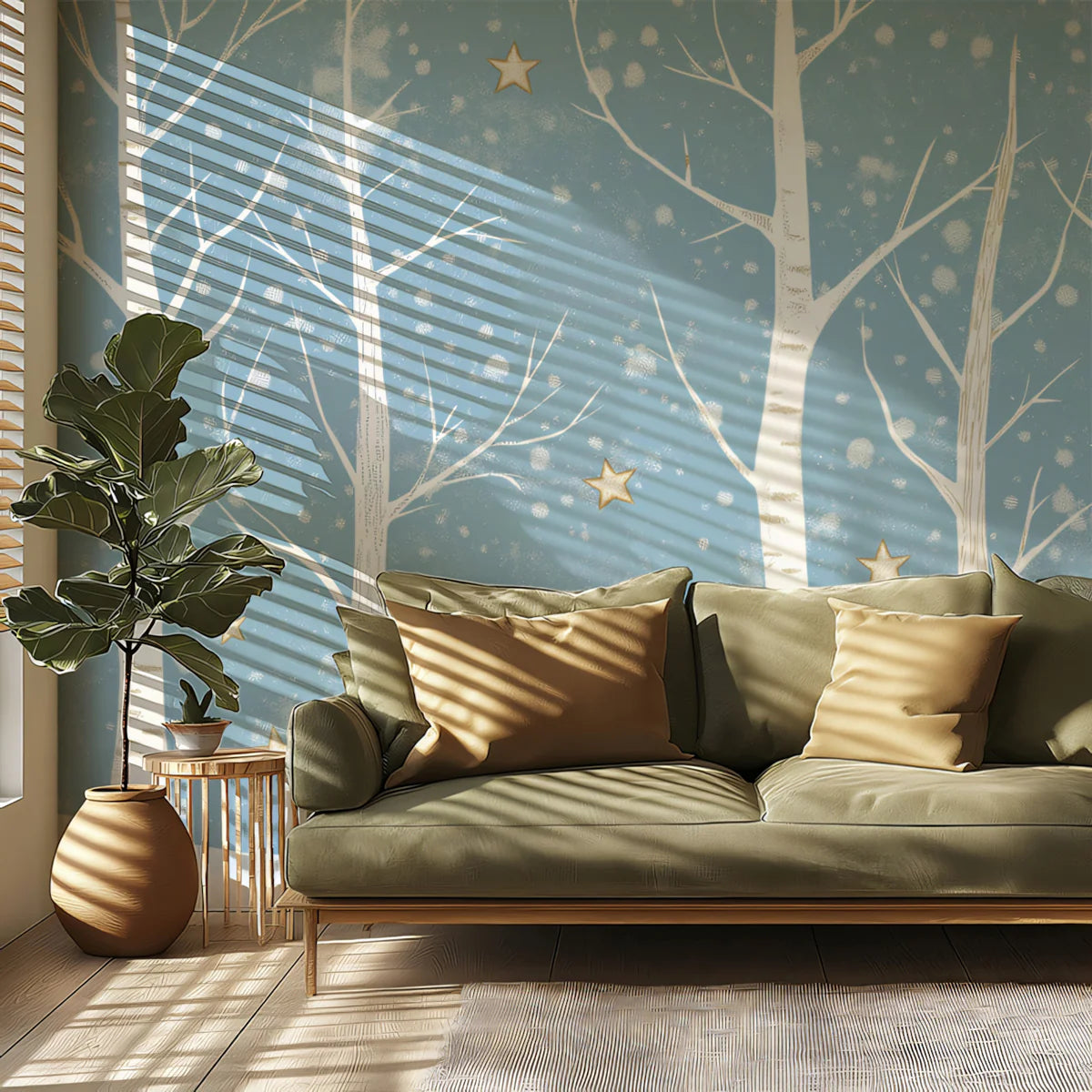 Winter Birch Forest Mural Wallpaper — Soft Snowfall Design Mural Wallpaper - room preview 02