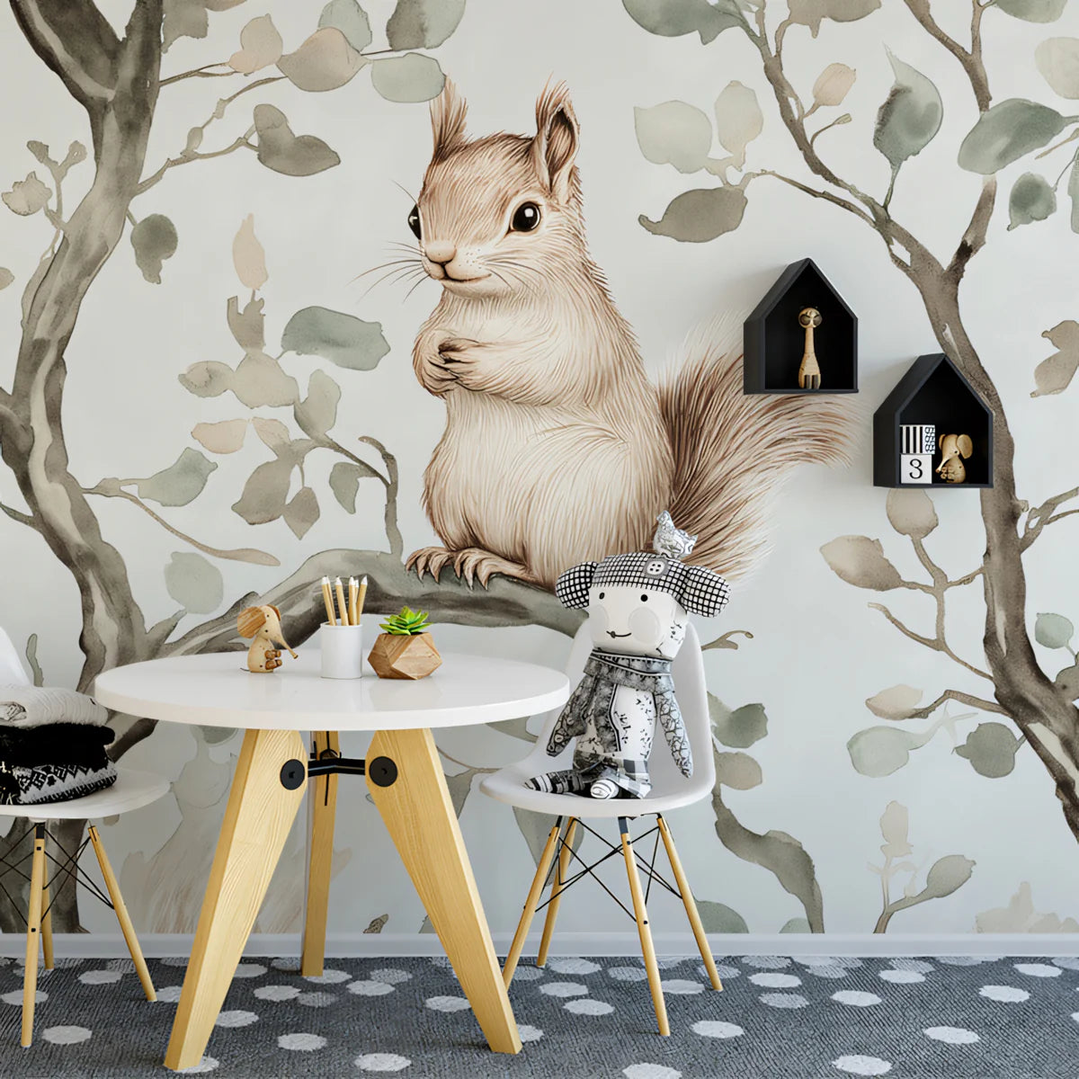 Squirrel and Branch Mural Wallpaper — Soft Woodland Pattern Mural Wallpaper - room preview 02