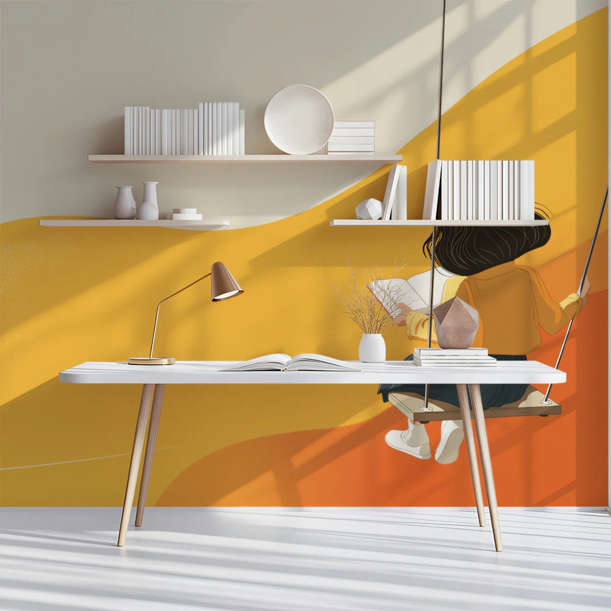 Girl Reading on a Swing Mural Wallpaper — Warm Minimalist Abstract Mural Wallpaper - room preview 02
