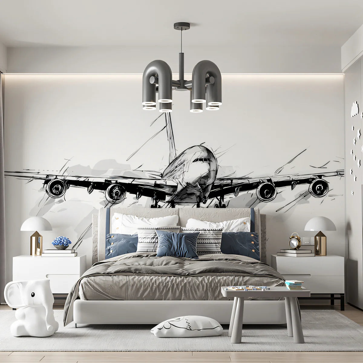 Aviation Sketch Mural Wallpaper — Bold Charcoal Jet Art Mural Wallpaper - room preview 02
