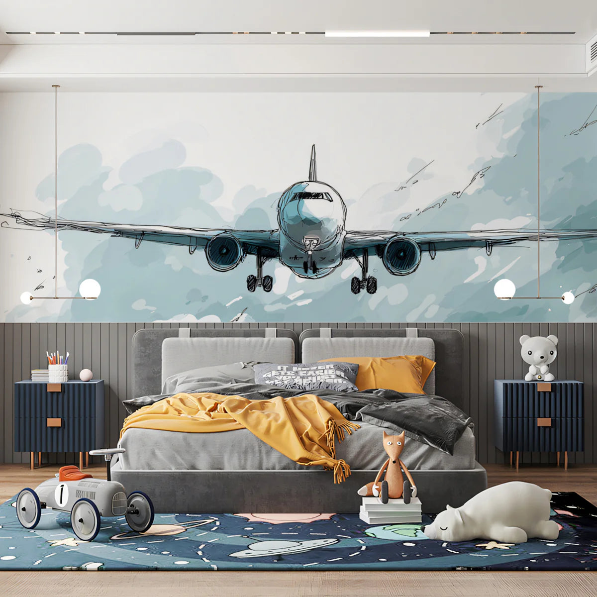 Aviation Sketch Mural Wallpaper — Artistic Watercolor Plane Design Mural Wallpaper - room preview 02