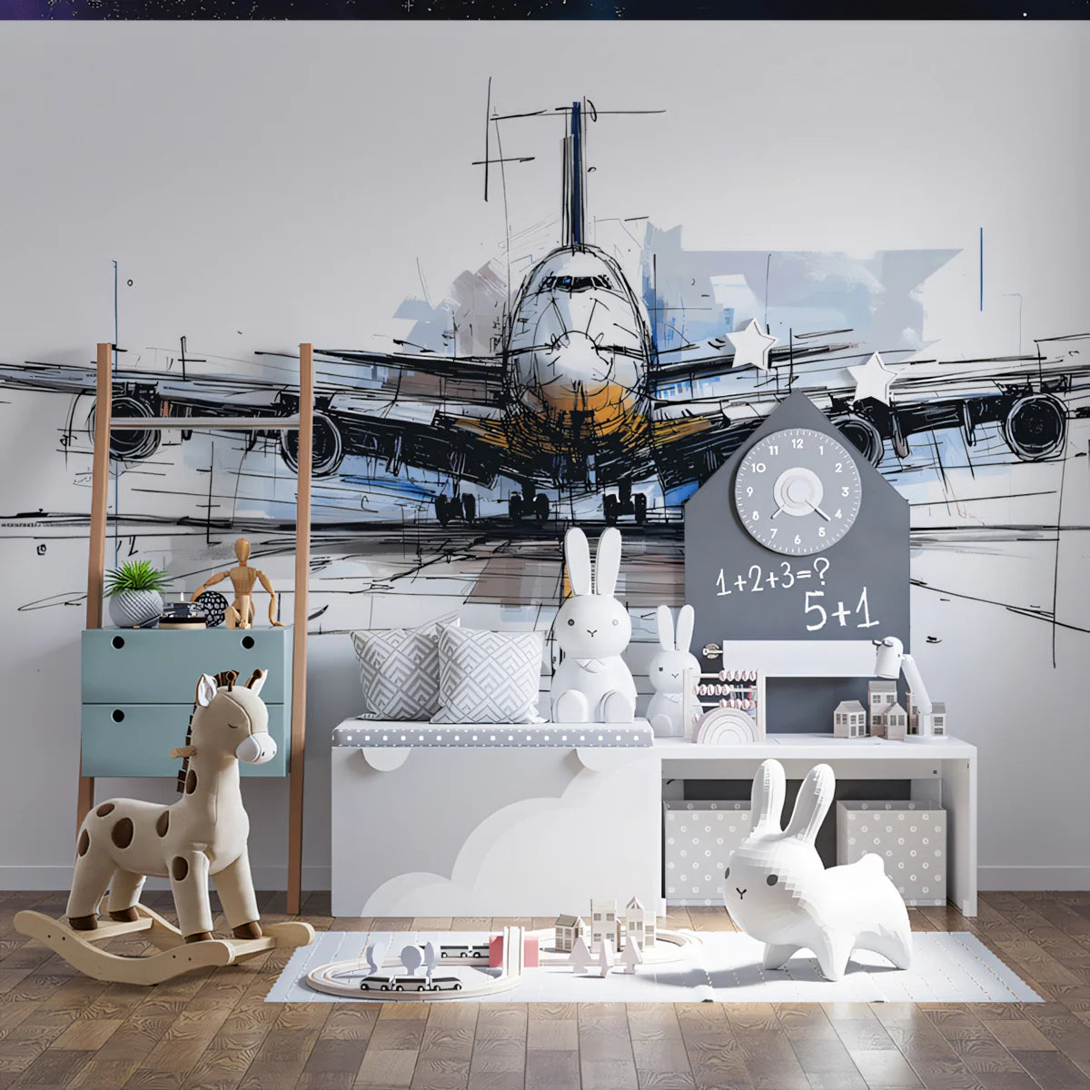 Aviation Sketch Mural Wallpaper — Artistic Line Art Design Mural Wallpaper - room preview 02