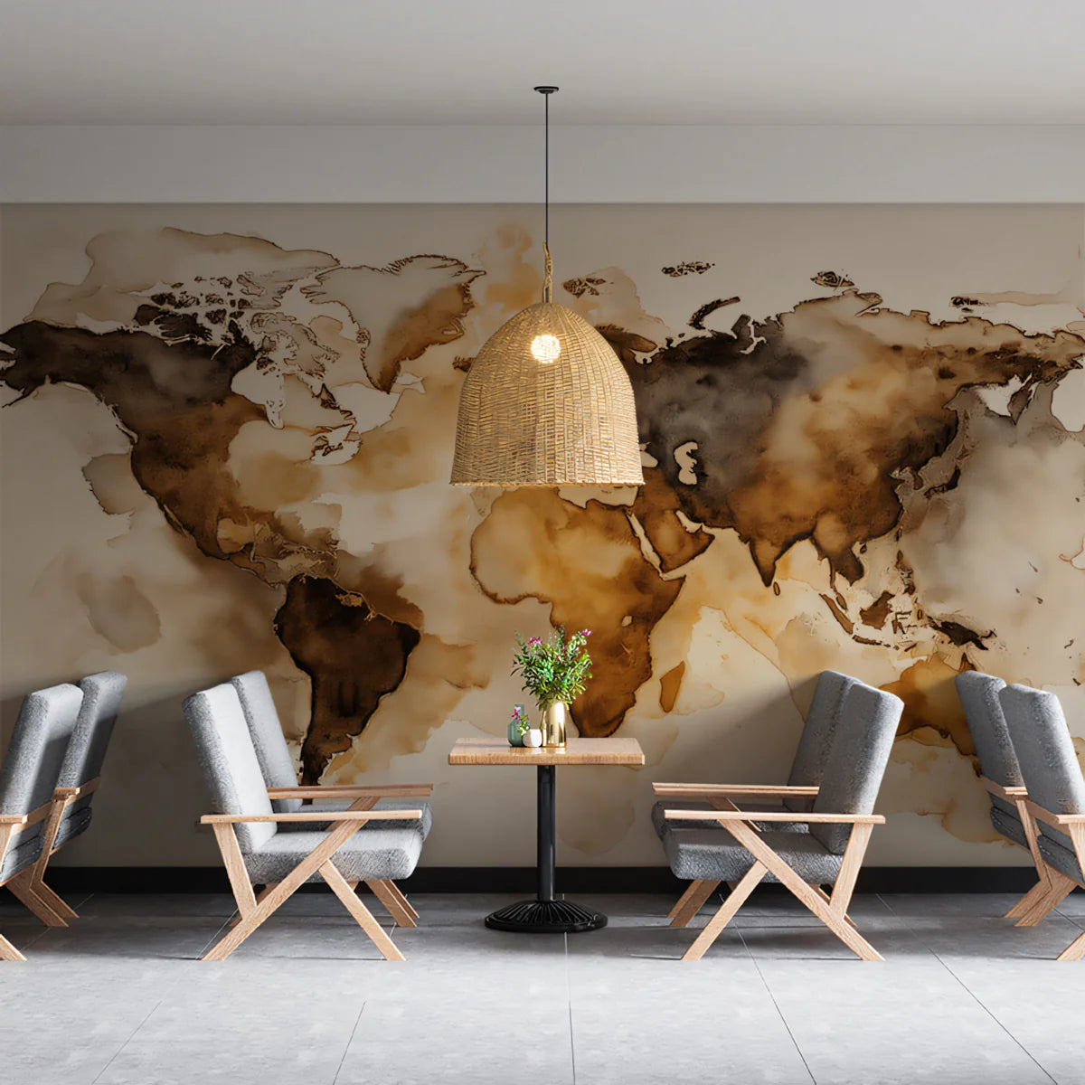 Watercolor World Map Mural Wallpaper — Artistic Sepia Tones Mural Wallpaper - room preview 02