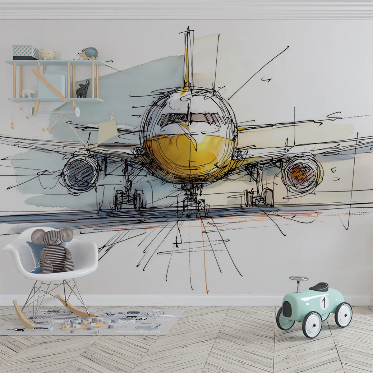 Watercolor Airplane Sketch Mural Wallpaper — Modern Aviation Art Mural Wallpaper - room preview 02