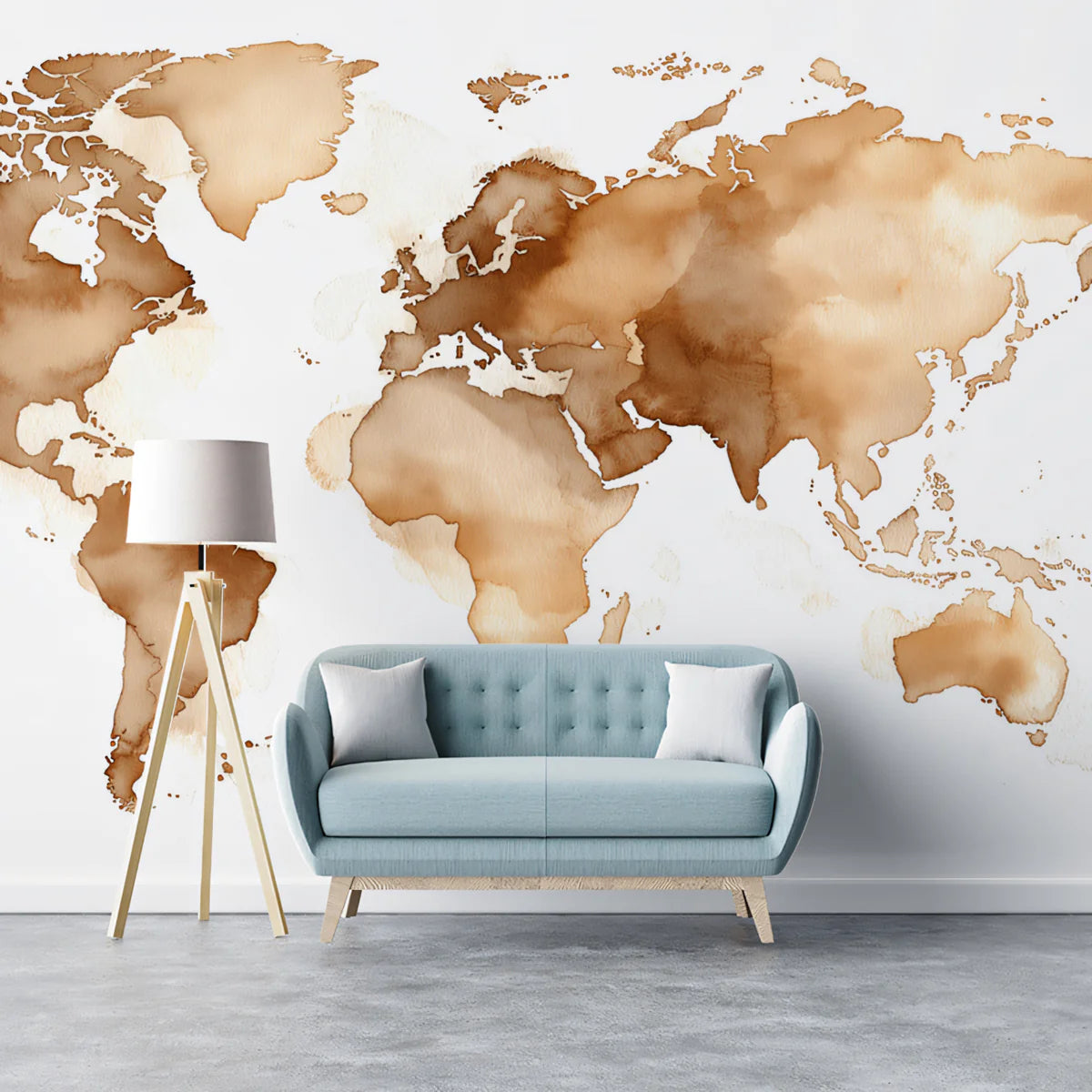 Watercolor World Map Mural Wallpaper in Sepia Tones Mural Wallpaper - room preview 02