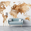 Watercolor World Map Mural Wallpaper in Sepia Tones Mural Wallpaper - room preview 02