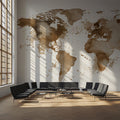 Abstract Coffee Stain World Map Mural Wallpaper — Earthy Rustic Art Mural Wallpaper - room preview 02