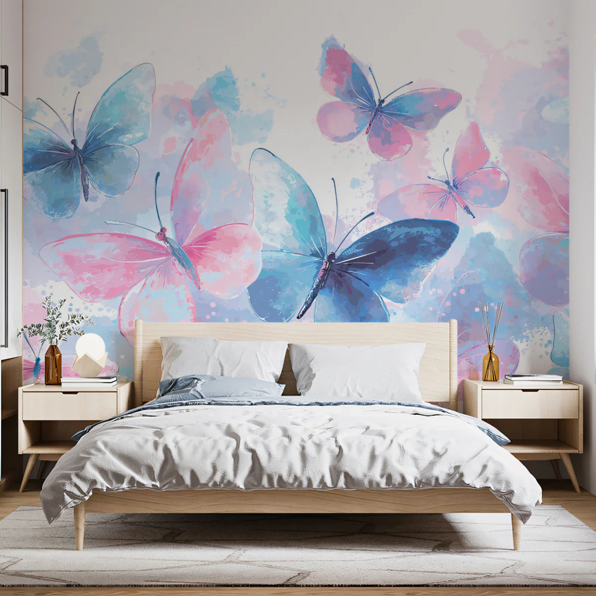 Watercolor Butterfly Swarm Mural Wallpaper — Soft Artistic Design Mural Wallpaper - room preview 02