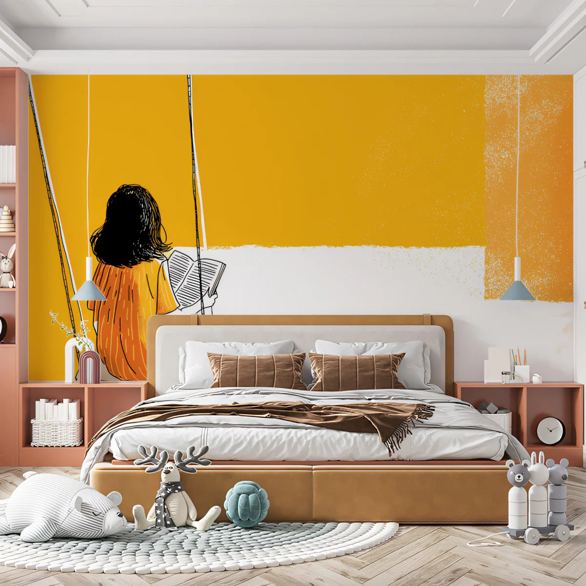 Girl on a Swing Abstract Mural Wallpaper — Bright Modern Art Mural Wallpaper - room preview 02