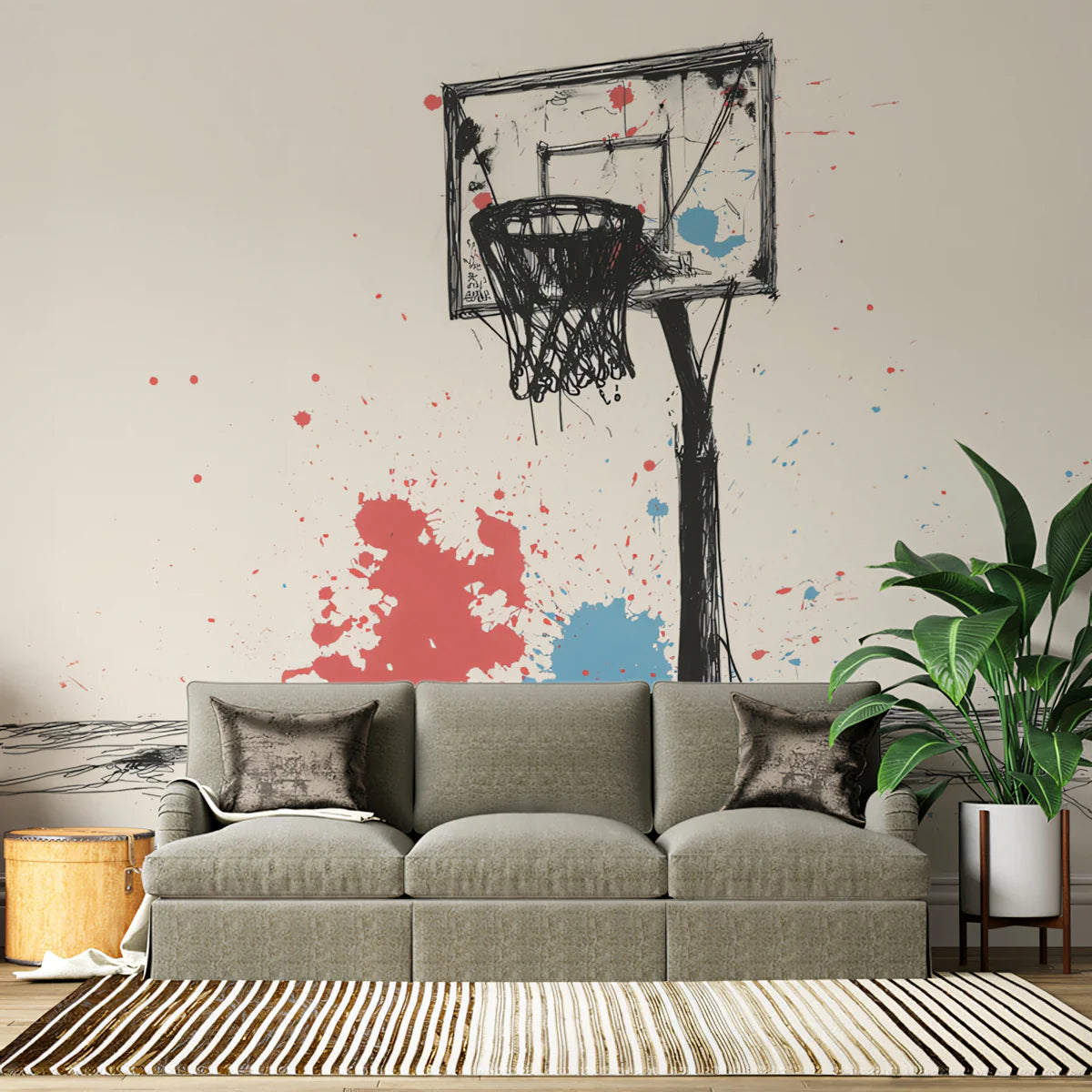 Urban Hoops Mural Wallpaper — Sketchy Street Art Style Mural Wallpaper - room preview 02