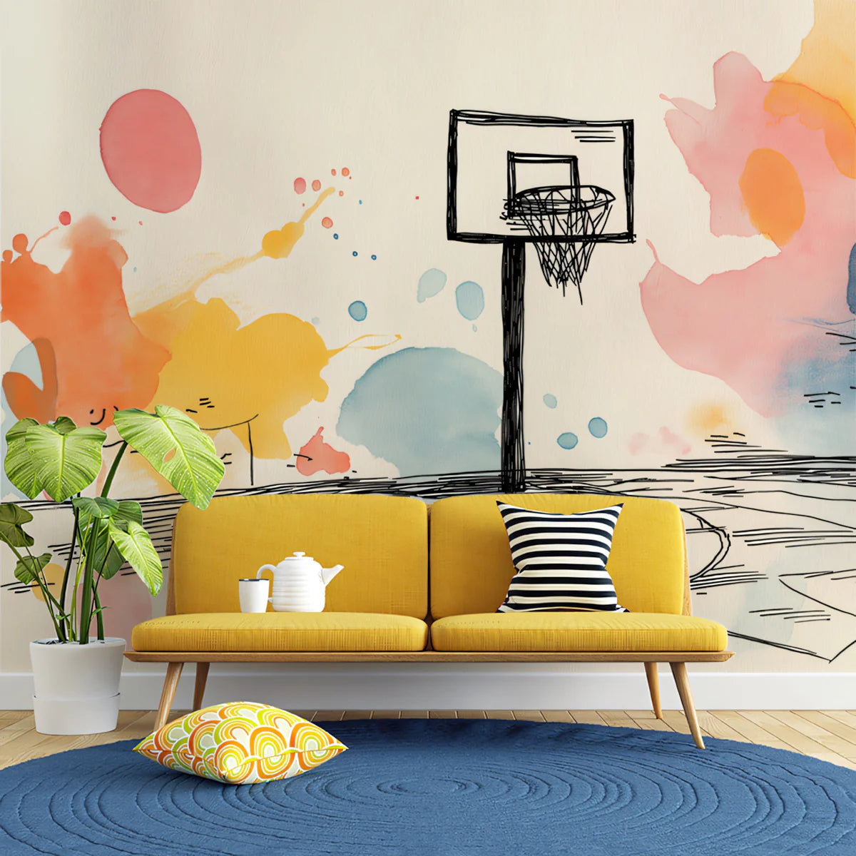 Watercolor Basketball Court Mural Wallpaper — Playful Urban Art Mural Wallpaper - room preview 02