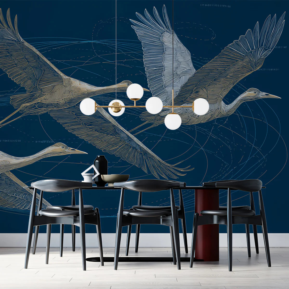 Flying Cranes Mural Wallpaper — Minimalist Line Art on Deep Navy Mural Wallpaper - room preview 02