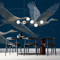 Flying Cranes Mural Wallpaper — Minimalist Line Art on Deep Navy Mural Wallpaper - room preview 02
