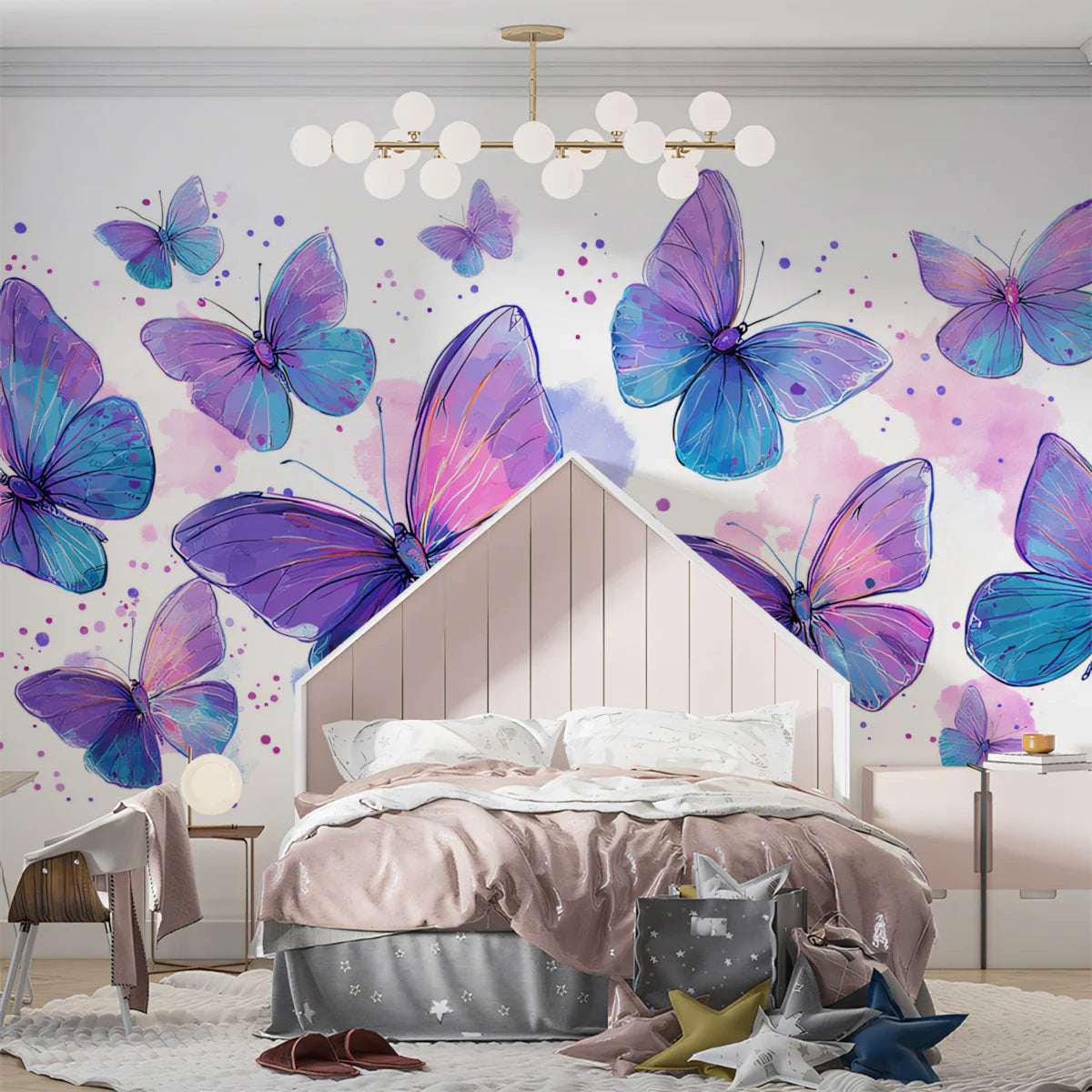 Watercolor Butterfly Swarm Mural Wallpaper — Ethereal Blue and Purple Mural Wallpaper - room preview 02
