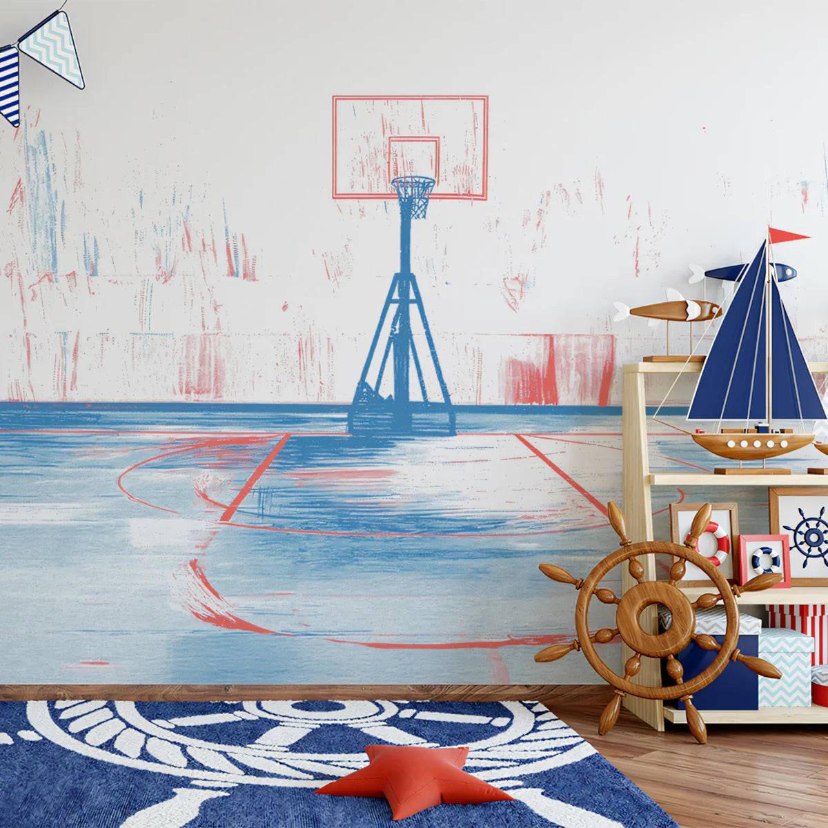 Abstract Basketball Court Mural Wallpaper in Red and Blue Mural Wallpaper - room preview 02