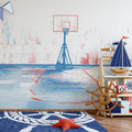 Abstract Basketball Court Mural Wallpaper in Red and Blue Mural Wallpaper - room preview 02