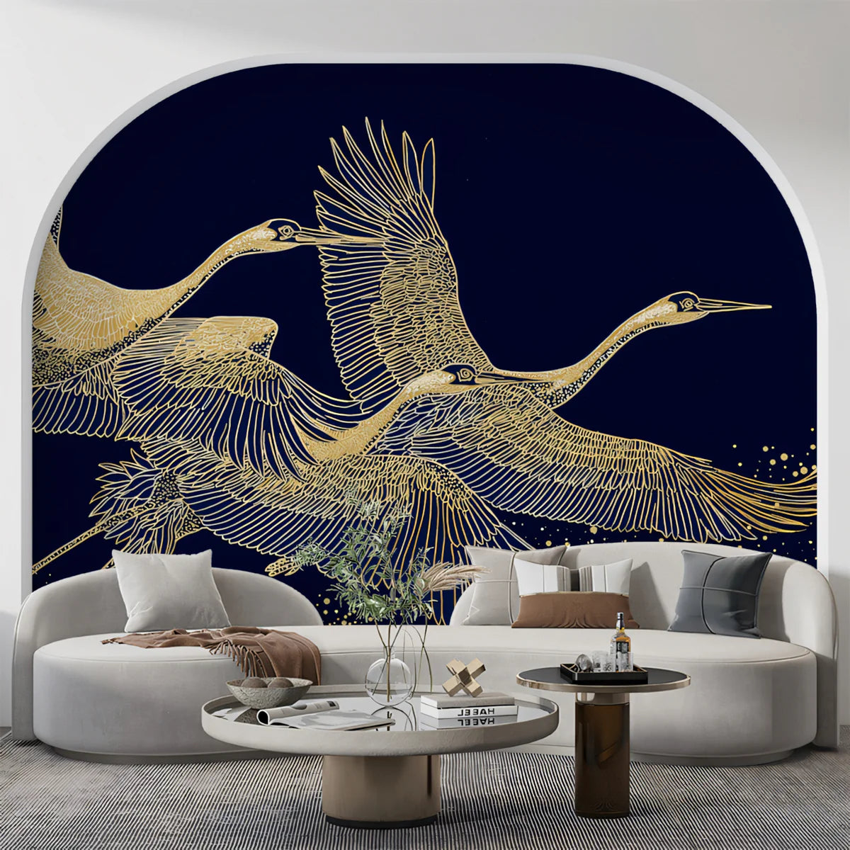 Golden Cranes Mural Wallpaper — Midnight Blue Celestial Design Mural Wallpaper - room preview 02