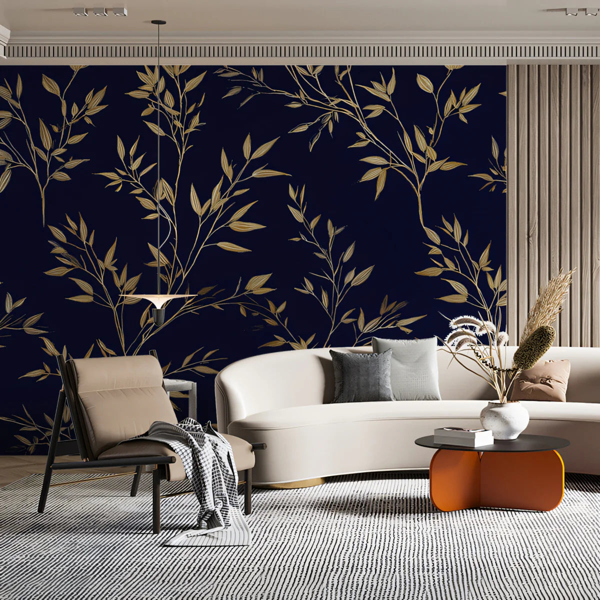 Gilded Botanical Branch Mural Wallpaper — Navy and Gold Mural Wallpaper - room preview 02