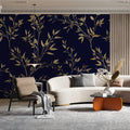 Gilded Botanical Branch Mural Wallpaper — Navy and Gold Mural Wallpaper - room preview 02