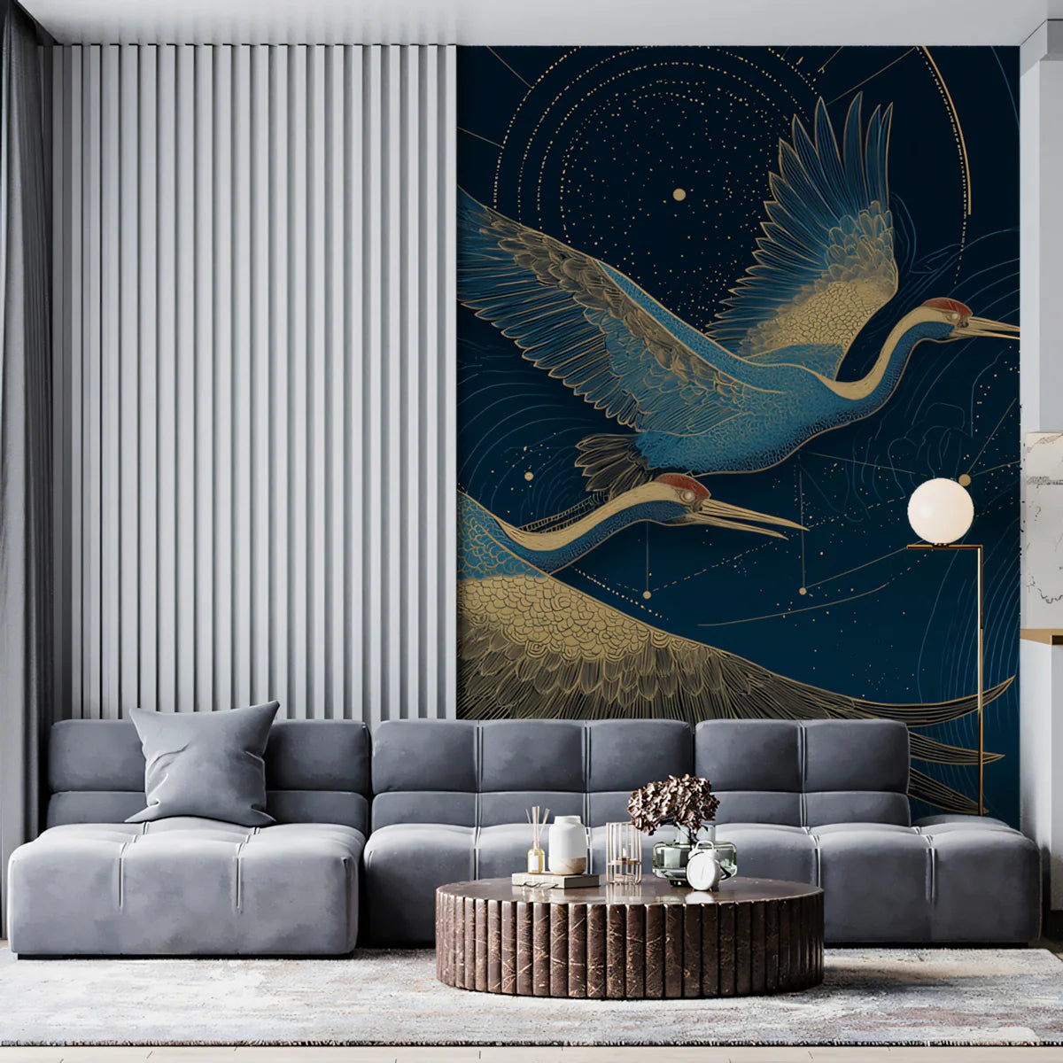 Celestial Cranes in Flight Mural Wallpaper — Midnight Blue Mural Wallpaper - room preview 02
