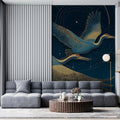 Celestial Cranes in Flight Mural Wallpaper — Midnight Blue Mural Wallpaper - room preview 02
